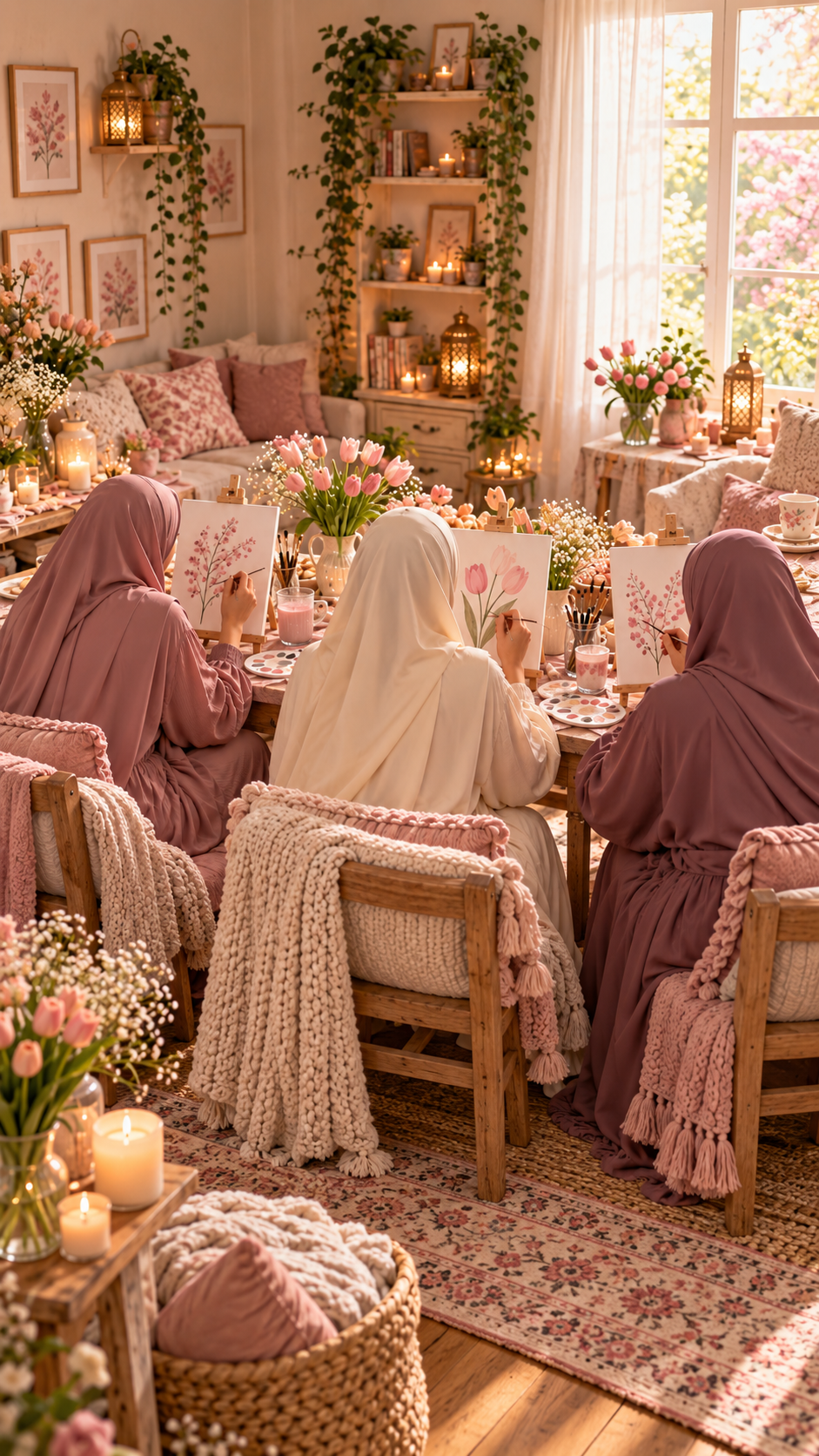 Sisters in hijab painting flowers together at a cozy, candle-lit gathering table