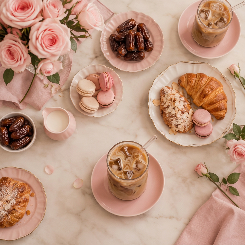 Iced coffees with croissants, dates and macarons on a marble table with roses