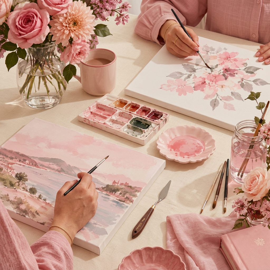 Hands painting floral watercolours on canvas at a table