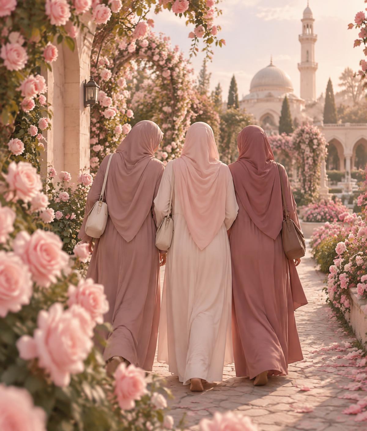 Three sisters walking together along a path lined with pink roses